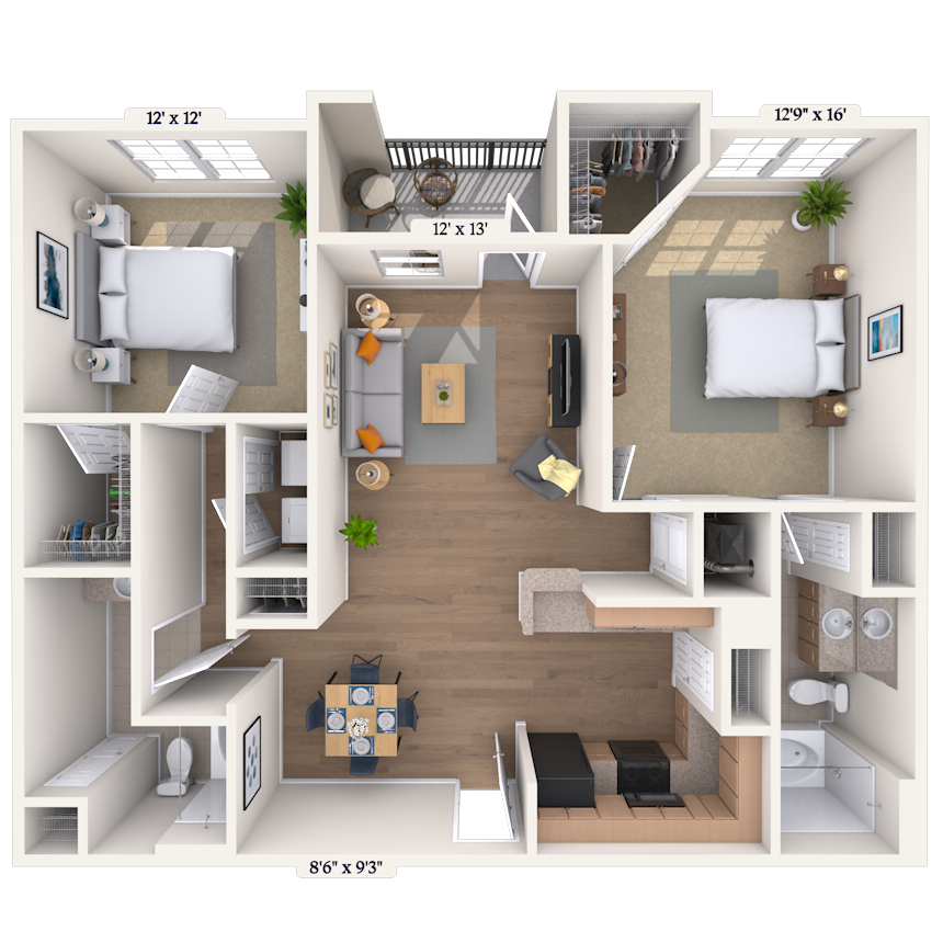 Floor plan for 2 beds, 2 baths, 1100 sqft